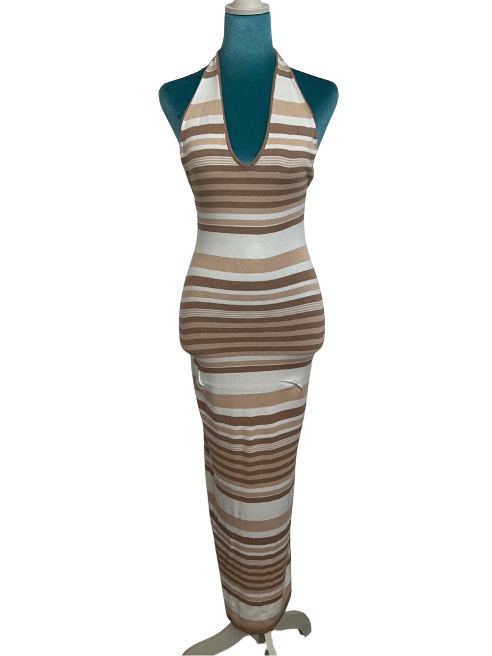 Meshki Brienne Tan and White Striped Halter Maxi Dress